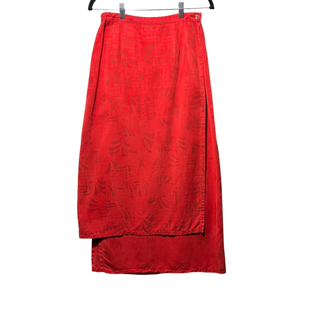 Vintage Click Color Me Cotton‎ Red Tencel Wrap Maxi Skirt Abstract Pattern Small